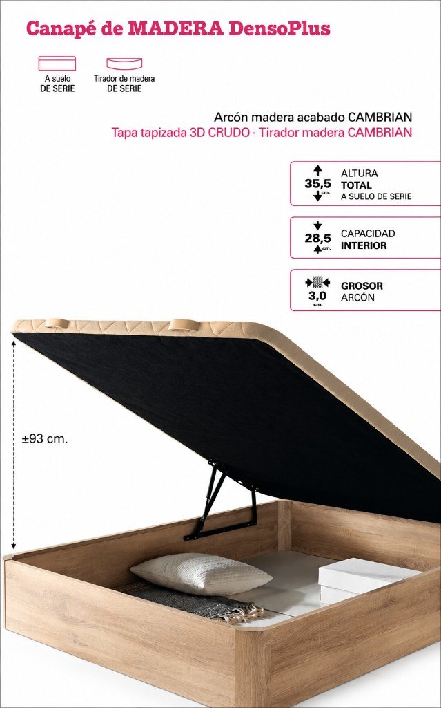 Canapé madera DensoPlus — medidas, capacidad interior y acabado Cambrian